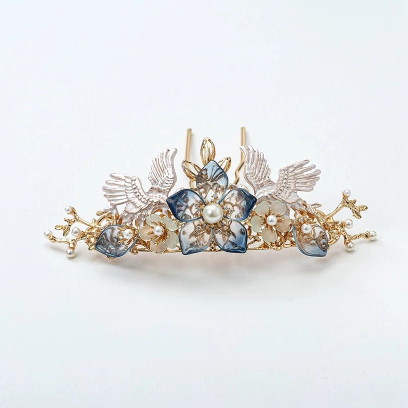 Starlight Hanfu crown comb hair ornament with dark blue flowers, silver crane motifs, pearl center and gold-tone branch details