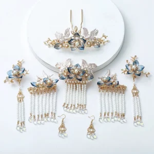 Complete Starlight crane Hanfu hair accessories set with blue flowers, gold-tone ornaments, pearl tassels, hairpins and earrings on white background