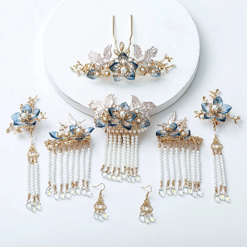 Complete Starlight crane Hanfu hair accessories set with blue flowers, gold-tone ornaments, pearl tassels, hairpins and earrings on white background