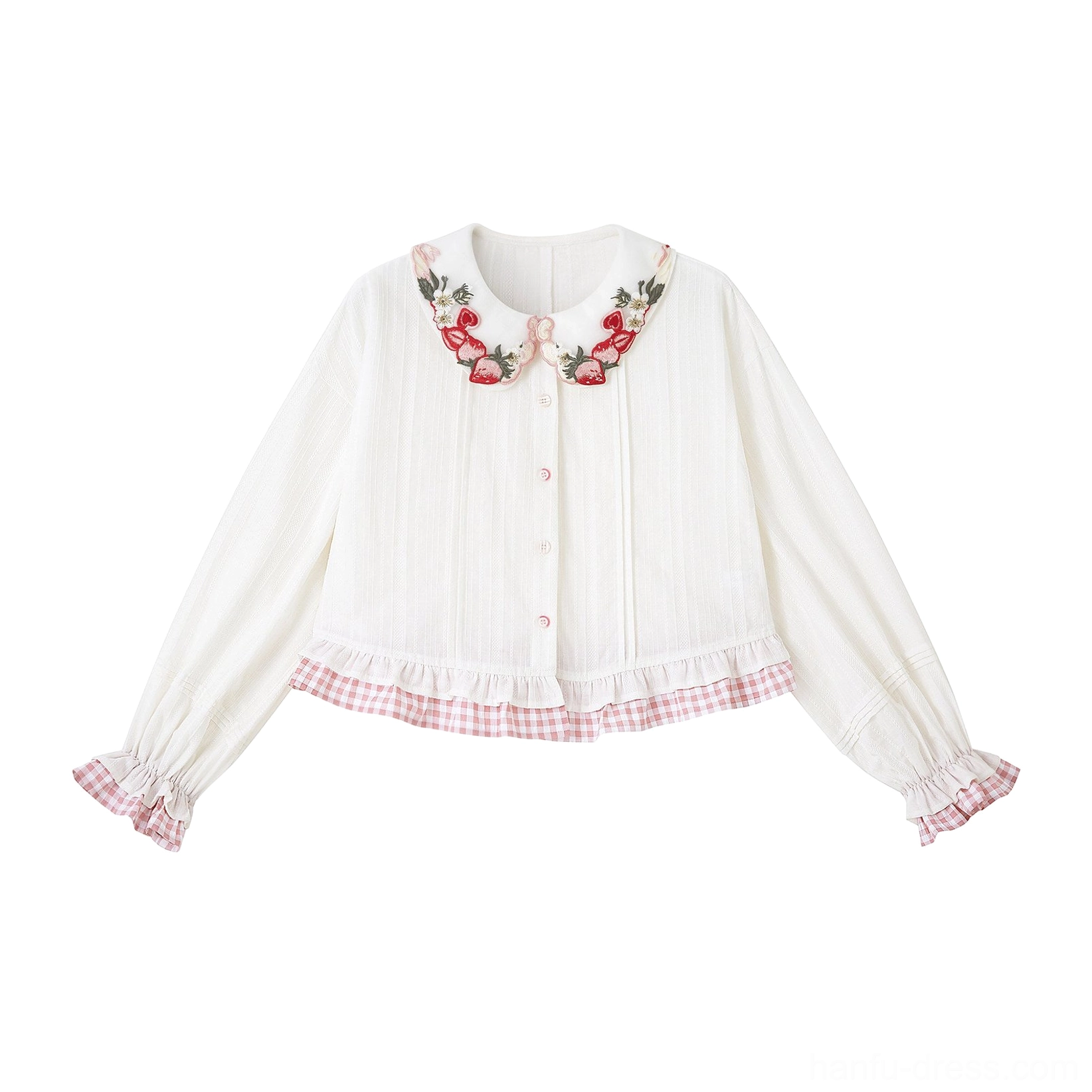 Flat lay of off-white strawberry cake Hanfu knit top with doll collar, floral embroidery, puff sleeves and pink gingham ruffled trim