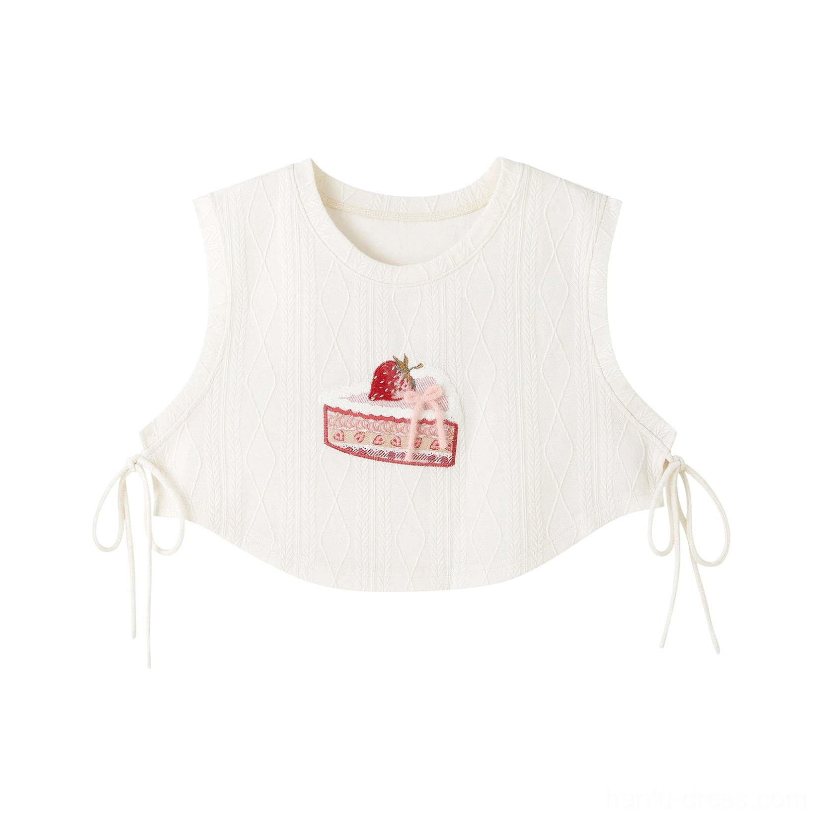 Flat lay of ribbed off-white cropped knit vest with strawberry cake print and adjustable side drawstrings for modern Hanfu layering