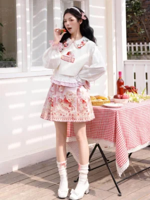 Full front view of strawberry cake modern Hanfu outfit with white cropped embroidered top and pink mini mamianqun horse face skirt at an outdoor picnic