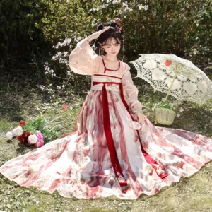 Strawberry cream Tang Dynasty Qixiong Ruqun modern Hanfu dress shown from a high angle in a sunny spring garden, featuring watercolor strawberry prints, flowing skirt, dark red waist sashes, and a lace umbrella