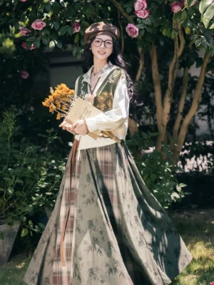 Full three-piece Modern Hanfu garden outfit with embroidered knit vest tie blouse and bamboo print plaid maxi skirt in rose garden