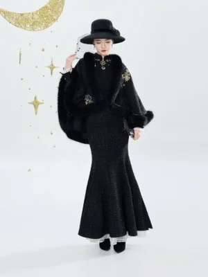 Front view of Sun and Moon embroidered mermaid cheongsam and plush-trim cloak full set with lace hem