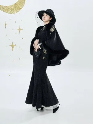 Side view of black embroidered mermaid qipao dress with gold floral embroidery and plush-trim cloak in modern Chinese style