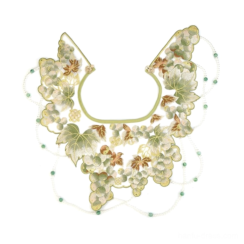 Sage green embroidered Chinese cloud collar accessory with gold grapevine floral embroidery and green beaded chain details