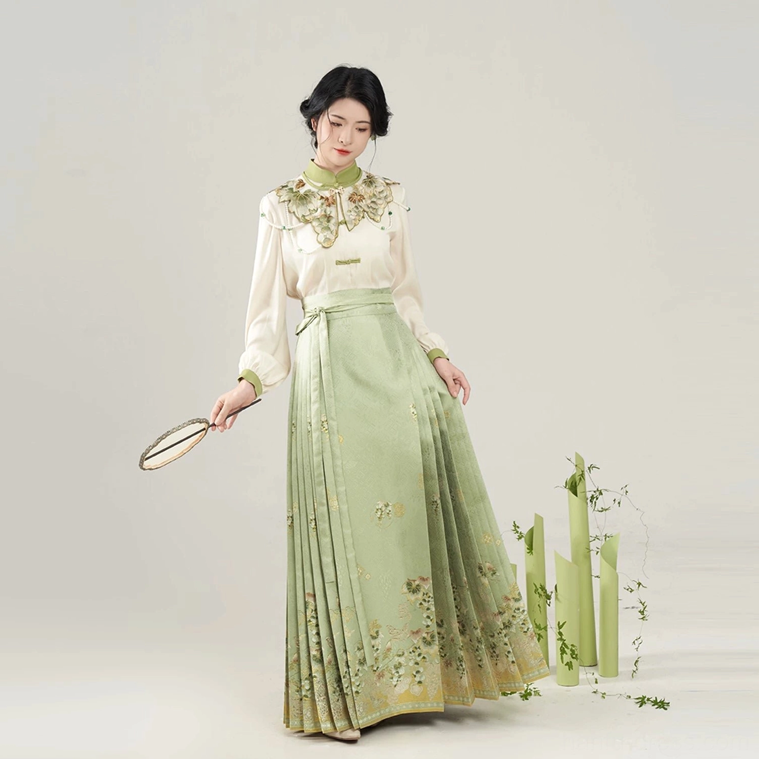 Sunshine Rose full Ming Dynasty inspired Hanfu outfit with cloud collar ivory blouse and flowing sage green mamian skirt