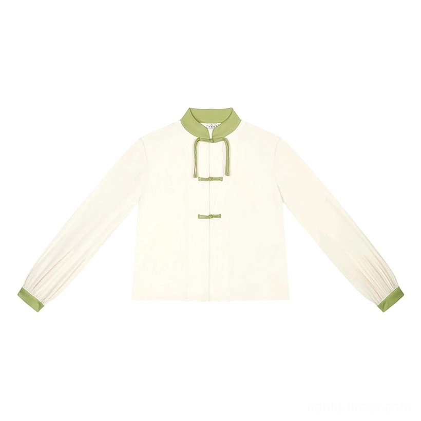 Ivory stand collar Hanfu long sleeve blouse with sage green trim traditional frog buttons and lantern sleeves flat lay