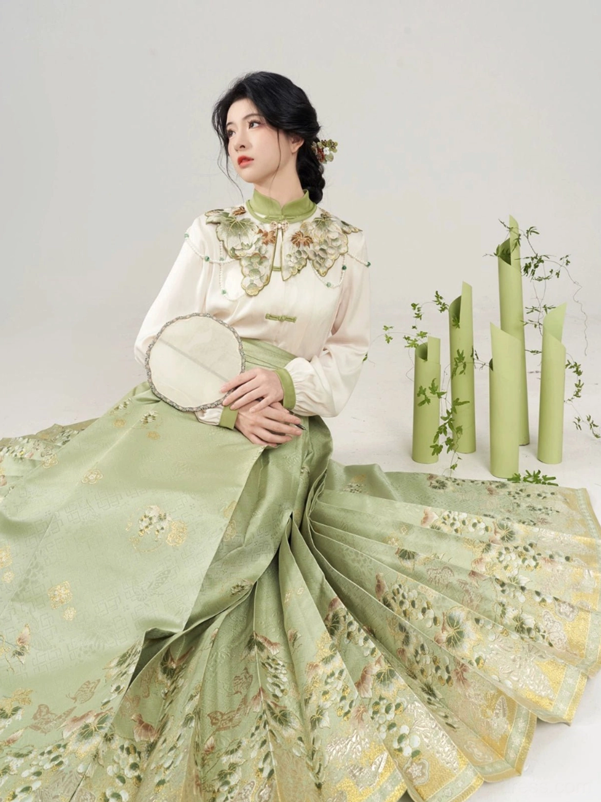 Sunshine Rose Ming Dynasty Hanfu full set with ivory lantern sleeve blouse sage green mamian skirt and embroidered cloud collar