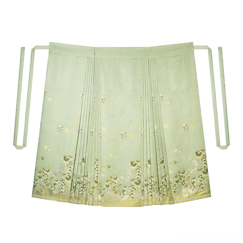 Sage green embroidered mamian skirt with pleated horse face silhouette floral jacquard texture golden hem and side ties