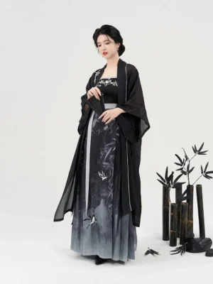 Swallow Returns modern Hanfu full set with sheer black cardigan ink landscape dress and black folding fan front view