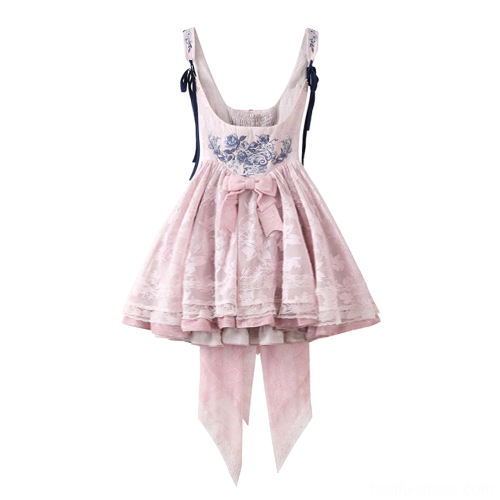 Sweet pink suspender skirt for xianxia Hanfu Lolita outfit with square neckline, ribbon straps, layered ruffles, and detachable back sash