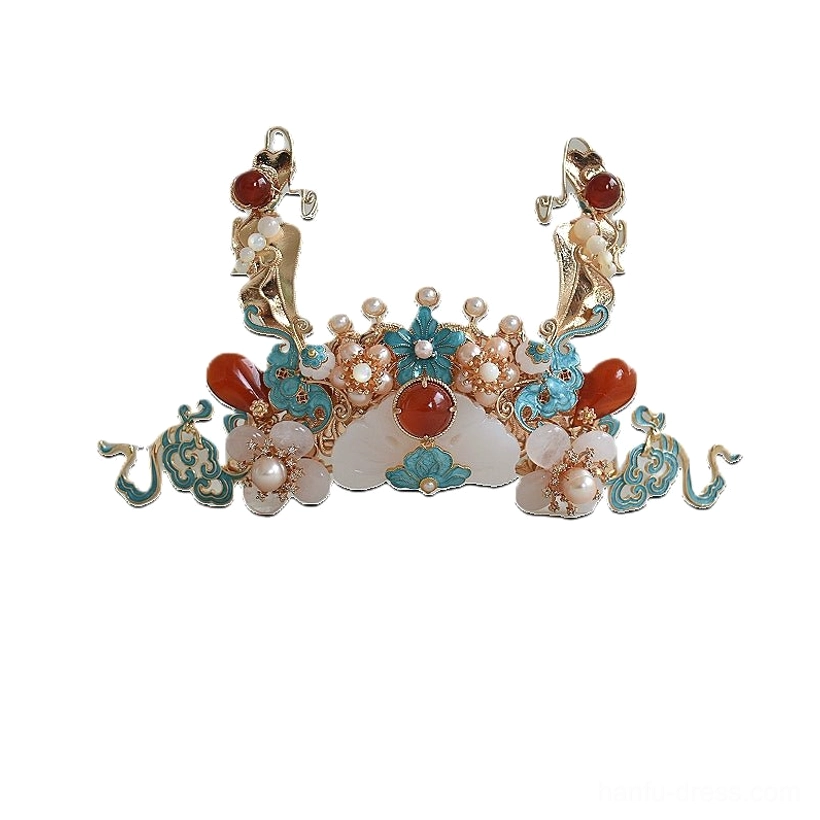 Symmetrical Chinese Hanfu hair crown with red agate inspired accents, white jade style details, pearl inlays, blue cloisonne cloud patterns, and gold tone base
