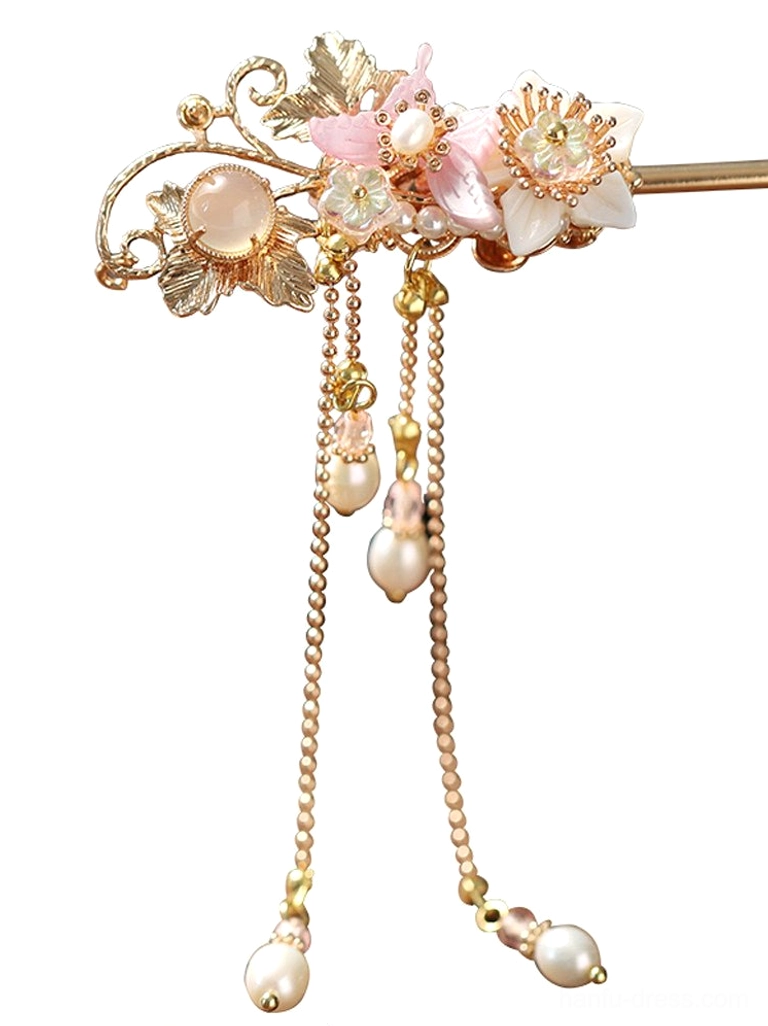 Symmetrical floral Hanfu hair ornament with gold filigree flower clusters and matching long pearl chain tassels