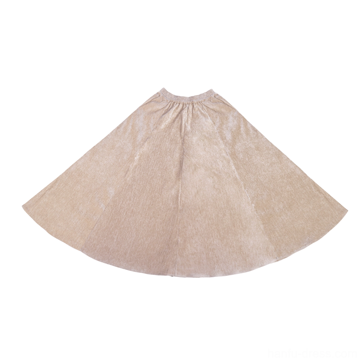 Flat lay of tan high waisted elastic waist Hanfu skirt with soft flowing pleated silhouette for Ming style outfit