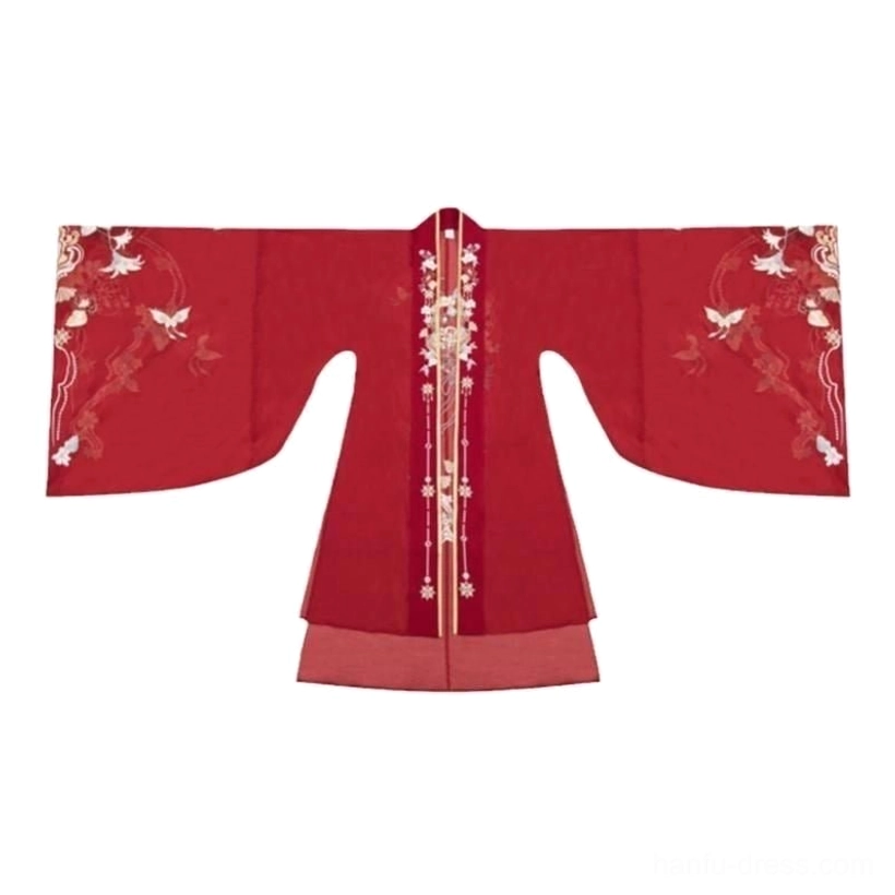 Separate crimson red embroidered outer coat for Tang Dynasty bridal hanfu with butterfly floral motifs, cross collar, and traditional wide sleeves