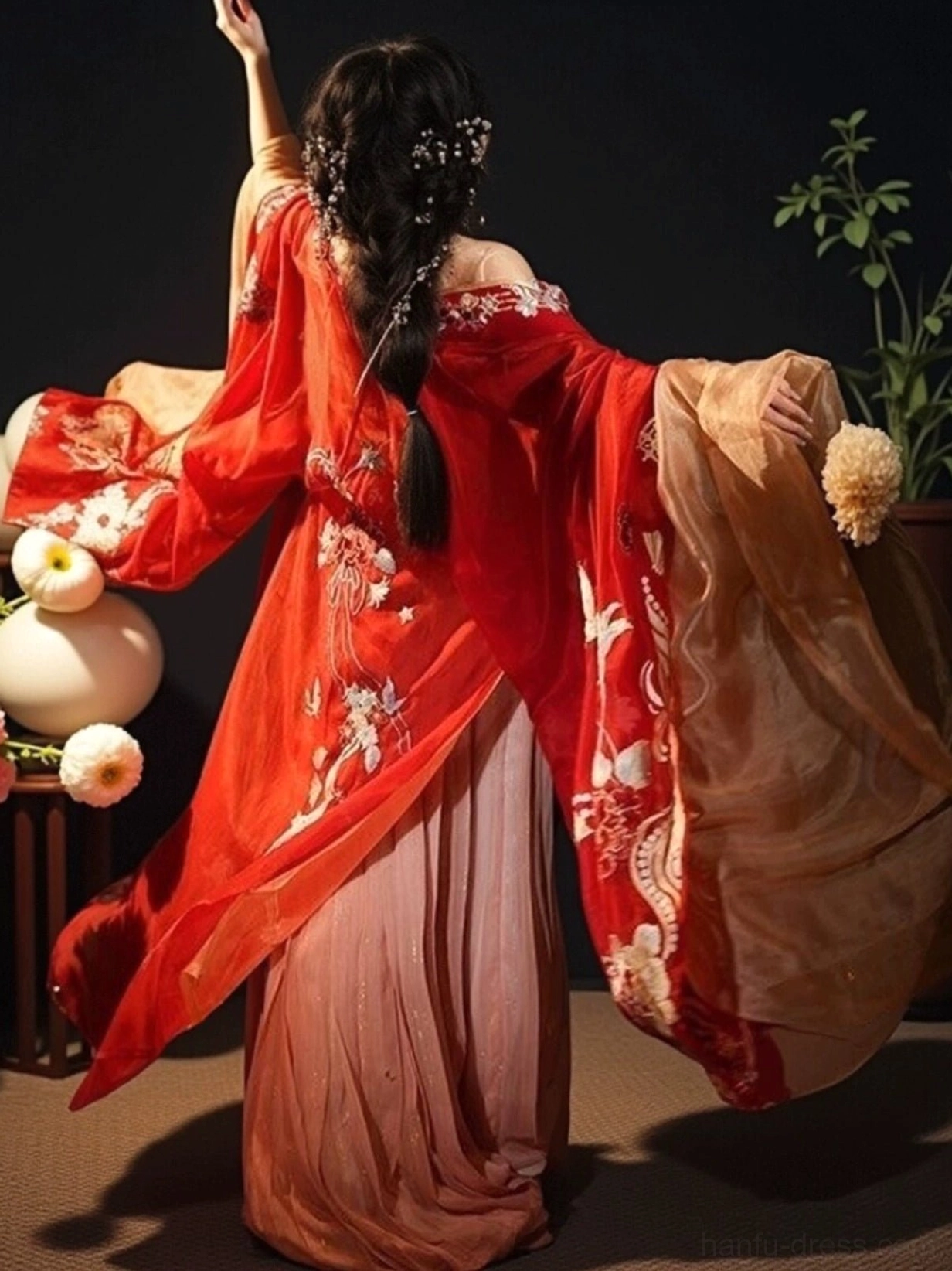 Back view of Tang Dynasty inspired red bridal hanfu with floral embroidered off shoulder outer robe and long gradient pink wedding skirt