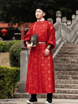 Front view of Tang Dynasty groom red round-collar hanfu wedding robe with gold floral patterns, black official hat and waist belt