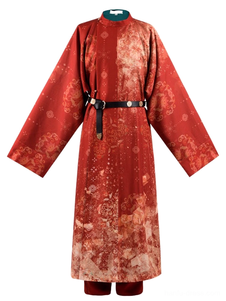 Flat lay of Tang Dynasty groom wedding hanfu set showing reddish-orange floral round-collar robe dark pants and black waist belt
