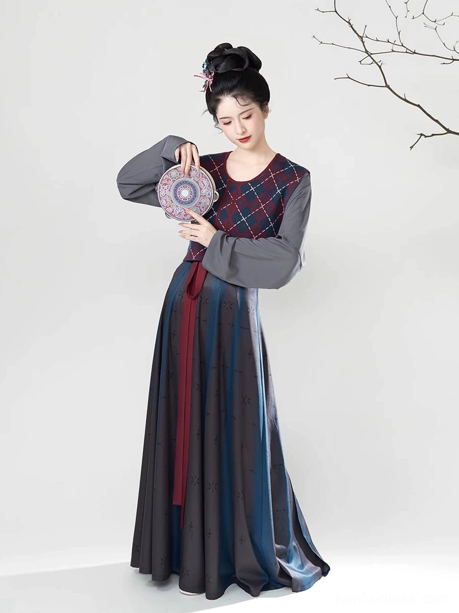 Front full-body view of a dark Blue Tang Dynasty Hanfu set with red navy argyle beizi overlay, grey long-sleeve inner top, striped flowing skirt, and red waist sash