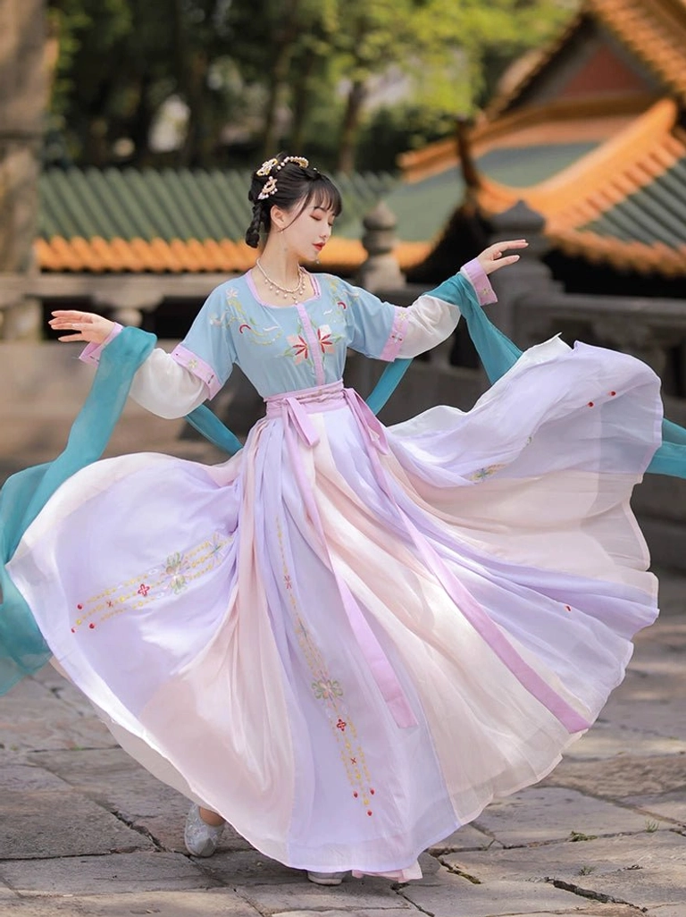 Dynamic side view of a lake blue, lavender, and pink Tang-inspired U-collar Qiyao Ruqun Hanfu with embroidered skirt flowing in a traditional Chinese garden