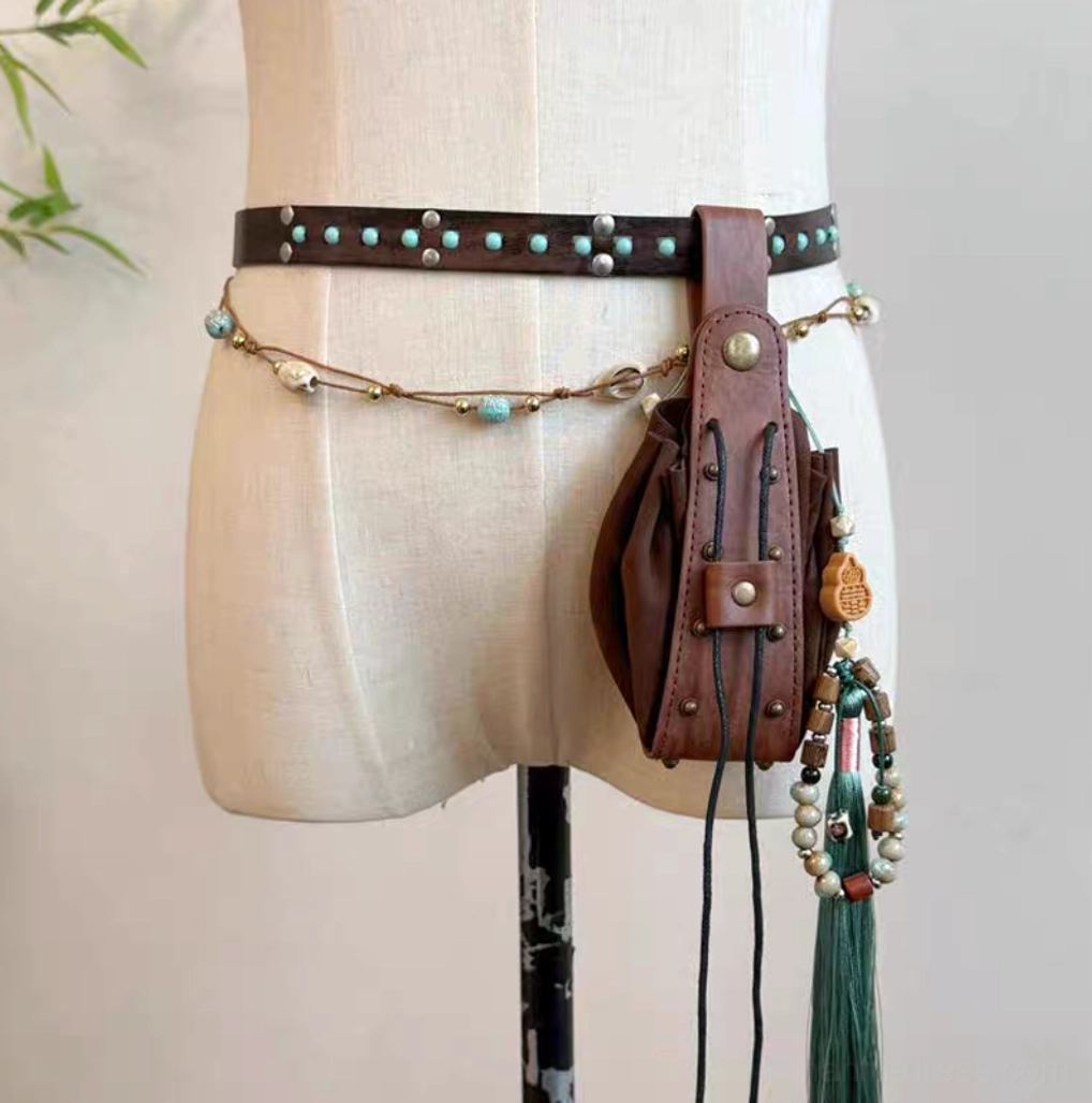 Front view of a Tang Dynasty style Hanfu Diexie waist belt with dark brown studded PU leather, turquoise accents, removable Chinese waist pouch, braided cord, and colorful hanging ornaments