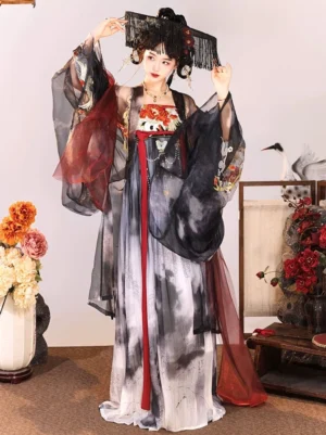 Three-quarter front view of Tang Dynasty style Hanfu dress with dark red and black sheer outer coat, ink-wash skirt, embroidered bust, and red waist sash