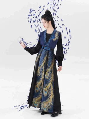 Three-quarter view of an elegant Tang Dynasty hanfu full set with blue beizi vest, gold feather motifs, waist belt, and flowing skirt
