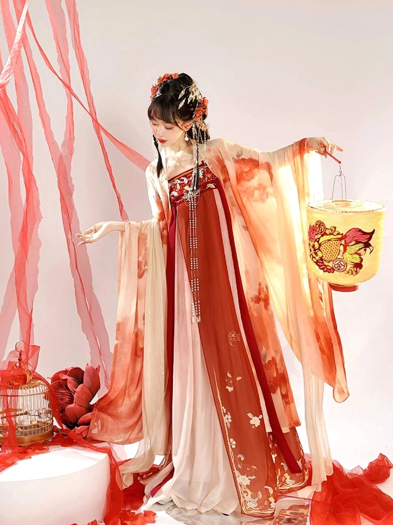Side view of a complete Tang Dynasty Hanfu Heziqun set with ink-wash floral coat, red bodice and skirt panels, embroidered details, and yellow lantern