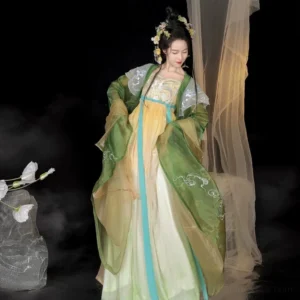 Front view of a Tang Dynasty Hanfu Heziqun dress complete set with yellow green and ivory ombre skirt embroidered wide sleeves cyan waist sash and white cloud shoulder decoration