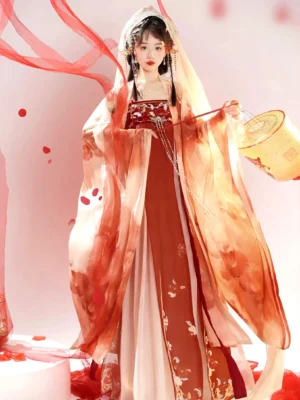 Front view of a Tang Dynasty Hanfu Heziqun dress in red and cream gradient colors with floral embroidery, wide ink-wash sleeves, traditional hairstyle, and yellow lantern