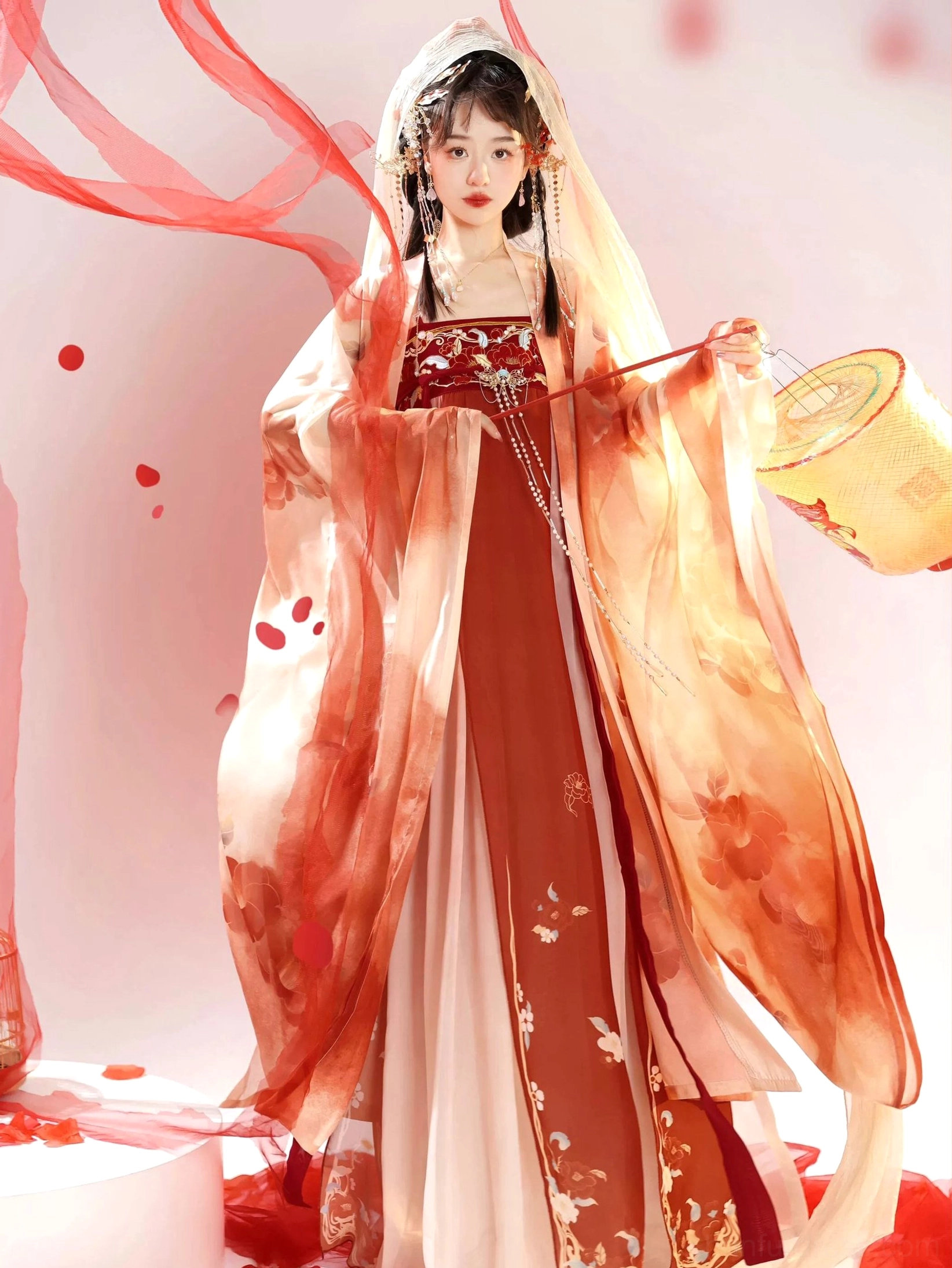 Front view of a Tang Dynasty Hanfu Heziqun dress in red and cream gradient colors with floral embroidery, wide ink-wash sleeves, traditional hairstyle, and yellow lantern