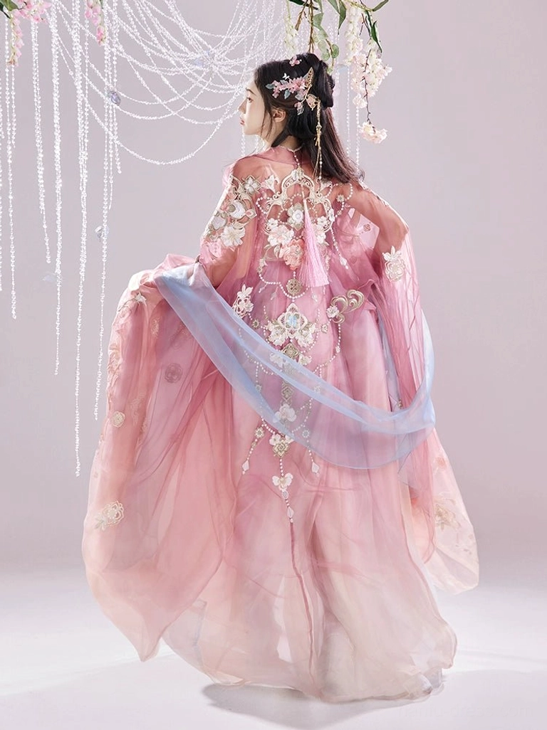 Rear view of a Tang Dynasty Hanfu Heziqun dress showing detailed floral embroidery on the pink back shawl, long gradient skirt, and light blue waist sash
