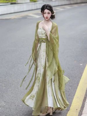 Tang Dynasty Hanfu inspired swing dress and olive green sheer fairy cardigan worn in an outdoor street style full body view