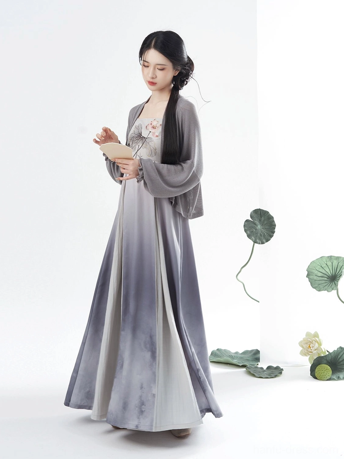 Tang Dynasty Hanfu inspired lotus bodice ombre slip dress with fitted cropped grey cardigan
