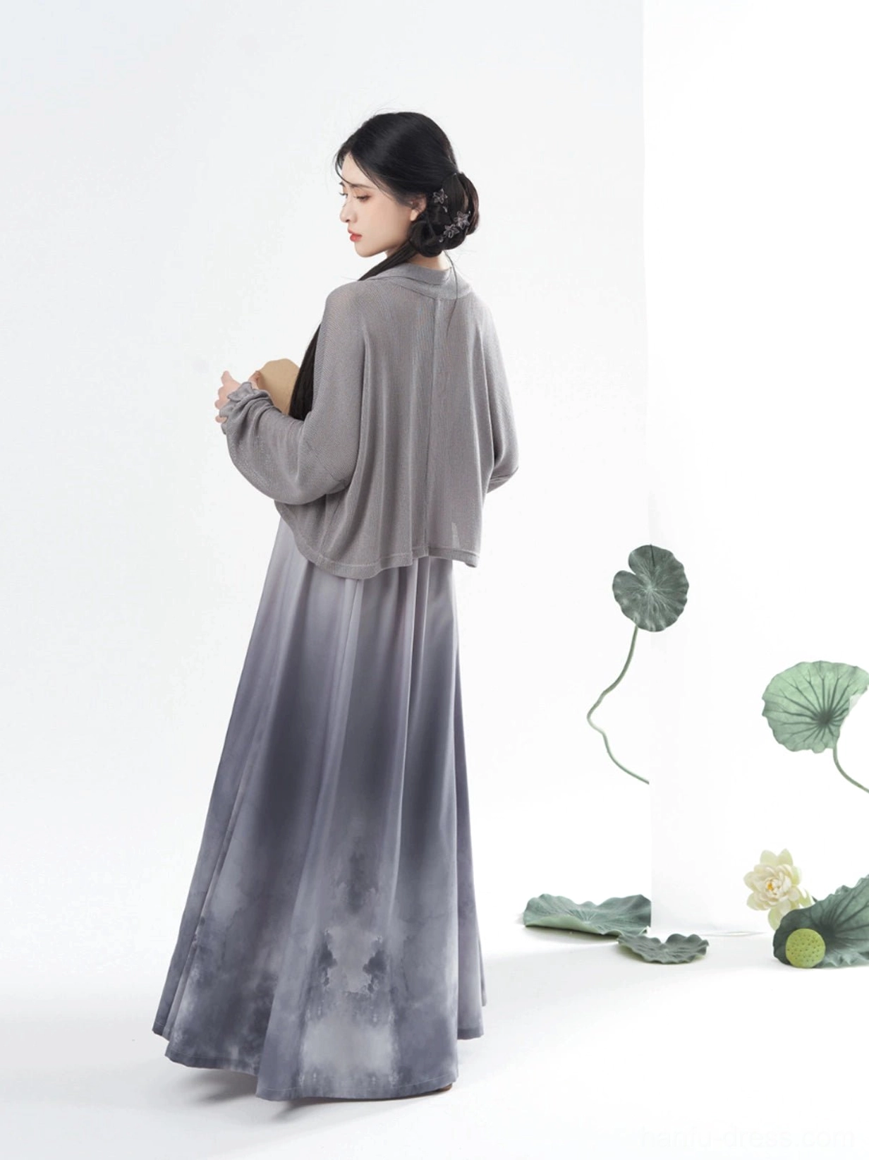 Back view of Tang Dynasty Hanfu inspired lotus ombre maxi slip dress with cropped grey cardigan