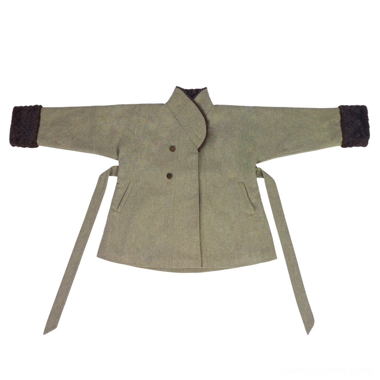 Flat lay of an olive green Tang Dynasty inspired winter wool jacket with cross stand collar, double-breasted buttons, waist straps, and fuzzy cuffs