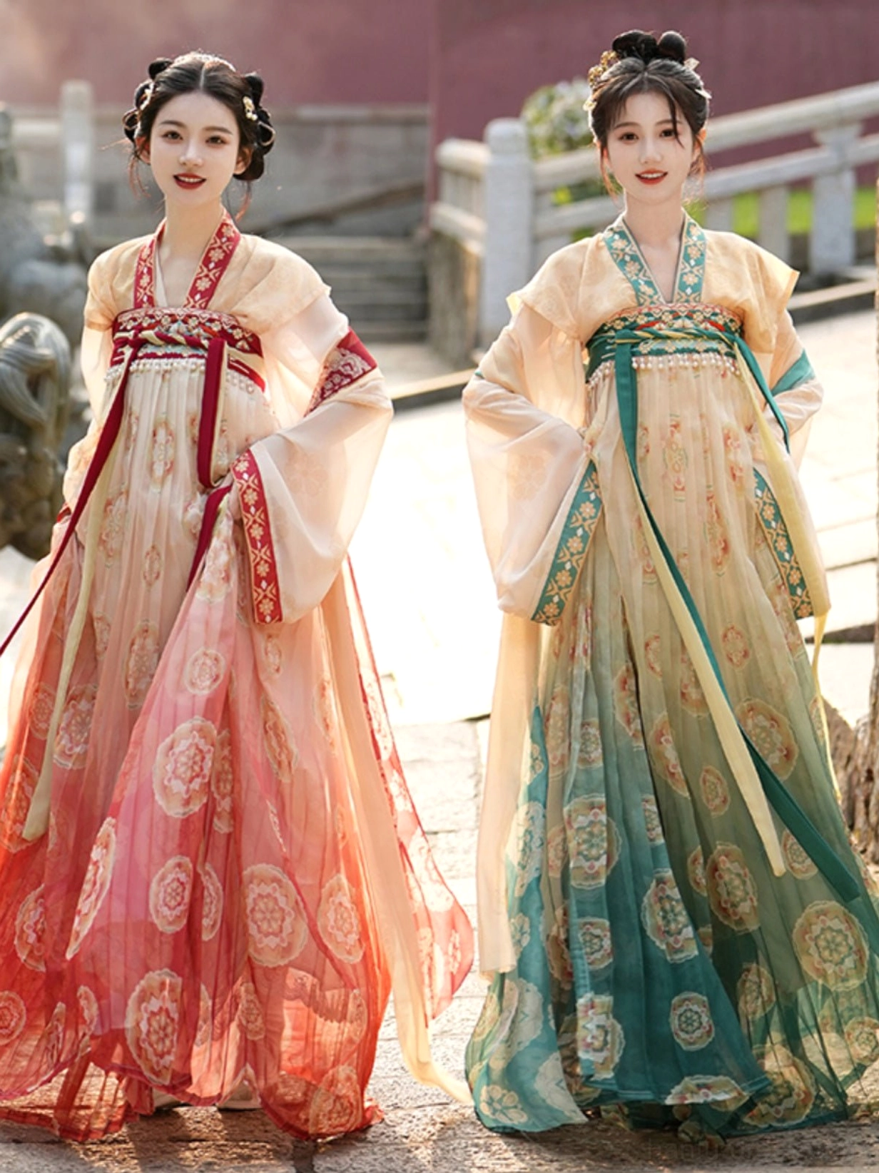 Full front view of Tang Dynasty Hanfu Qixiong Ruqun dresses with circular floral skirt patterns, flowing fabric, and decorative chest trims
