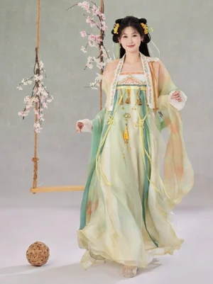 Front full-body view of a Tang Dynasty Hanfu Qixiong Ruqun dress set with pastel gradient chiffon layers, embroidered collar trim, waist tassels, and silk sashes