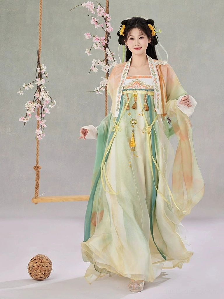 Front full-body view of a Tang Dynasty Hanfu Qixiong Ruqun dress set with pastel gradient chiffon layers, embroidered collar trim, waist tassels, and silk sashes