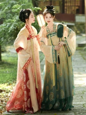 Tang Dynasty Hanfu Qixiong Ruqun dress in red and green gradient styles with sheer wide sleeves, floral prints, and flowing skirts in a traditional Chinese garden