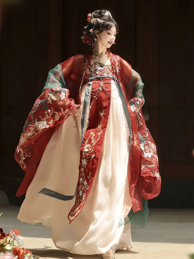 Side-back view of a traditional Chinese Tang Dynasty Hanfu outfit with fluttering sheer red outer cape, floral embroidery, wide sleeves, and layered red beige teal styling