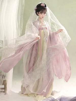 Three-quarter view of a Tang Dynasty Hanfu Qixiong Ruqun outfit with flowing sheer outer coat, colorful layered dress and decorative chest trim