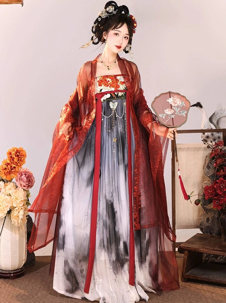 Three-quarter view of Tang Dynasty Hanfu Qixiong Ruqun with wine-red sheer coat, wide sleeves, ink-wash skirt, red trims, and floral chest embroidery