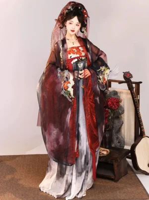 Front view of a Tang Dynasty Hanfu Qixiong Ruqun with wine-red sheer wide-sleeved coat, ink-wash printed skirt, floral embroidery, and red sash