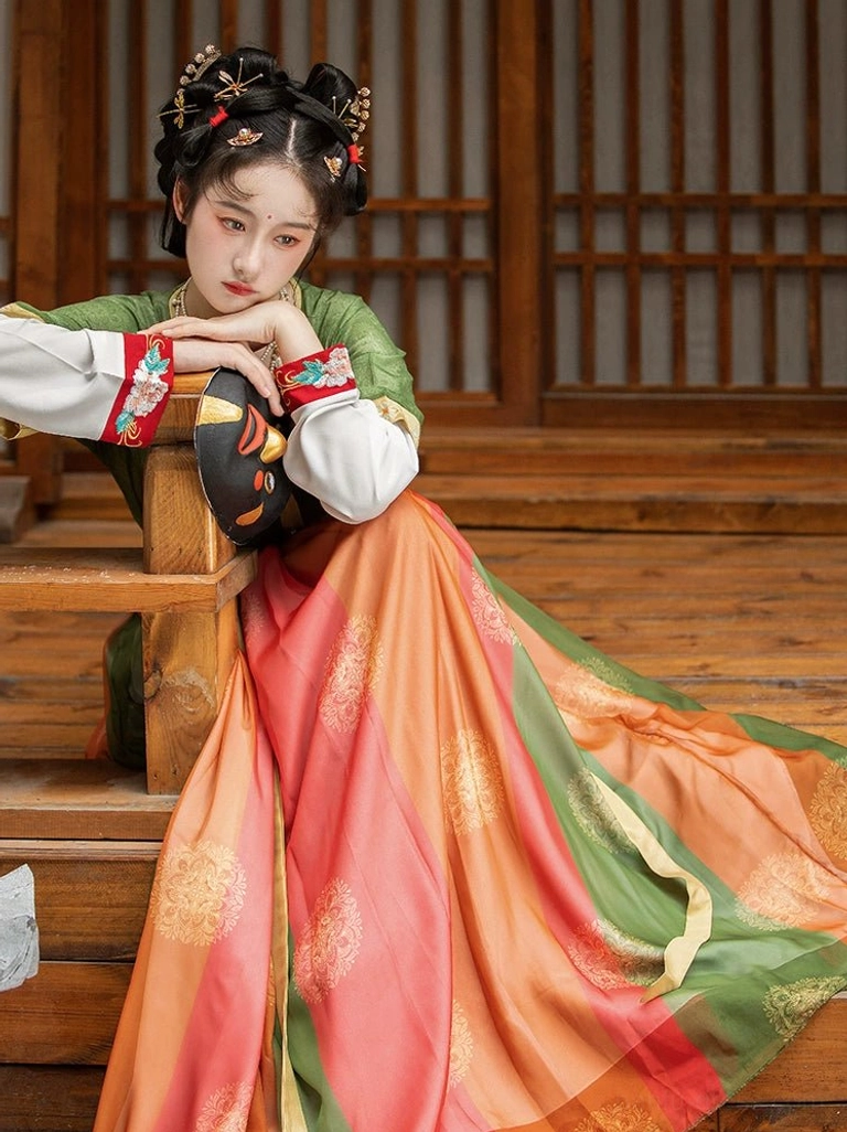 Three-quarter side view of Tang Dynasty style Qiyao Ruqun Hanfu with flowing multicolor skirt and traditional Chinese hairstyle