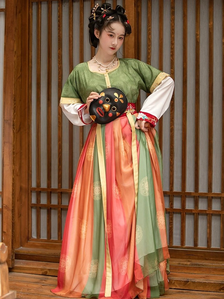 Side portrait of Tang Dynasty Hanfu Qiyao Ruqun set with green vest, striped long skirt and traditional hair ornaments