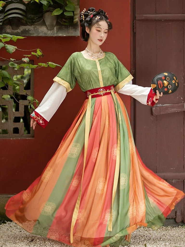 Tang Dynasty Hanfu U-collar Qiyao Ruqun complete set with green vest, white inner sleeves, red embroidered sash and multicolor striped skirt