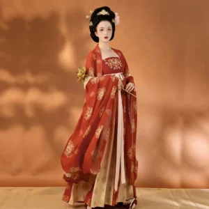 Front view of a Tang Dynasty Heziqun Hanfu dress set with red embroidered bodice, floral printed wide-sleeve outer robe, layered skirt, and waist sash